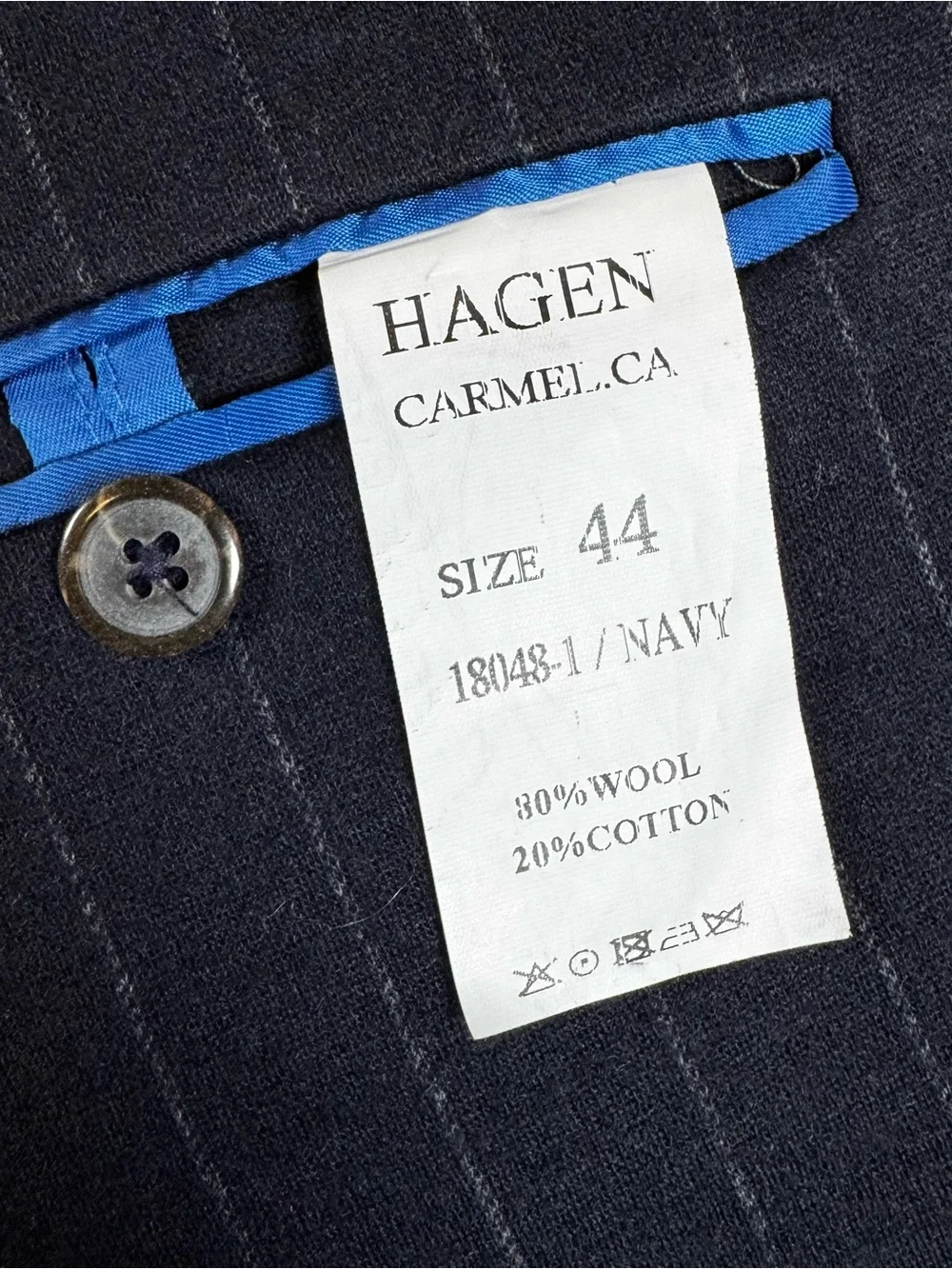 Hagen Carmel Men’s 44 Navy Chalkstripe Double Breasted Sport Coat Blazer Italian